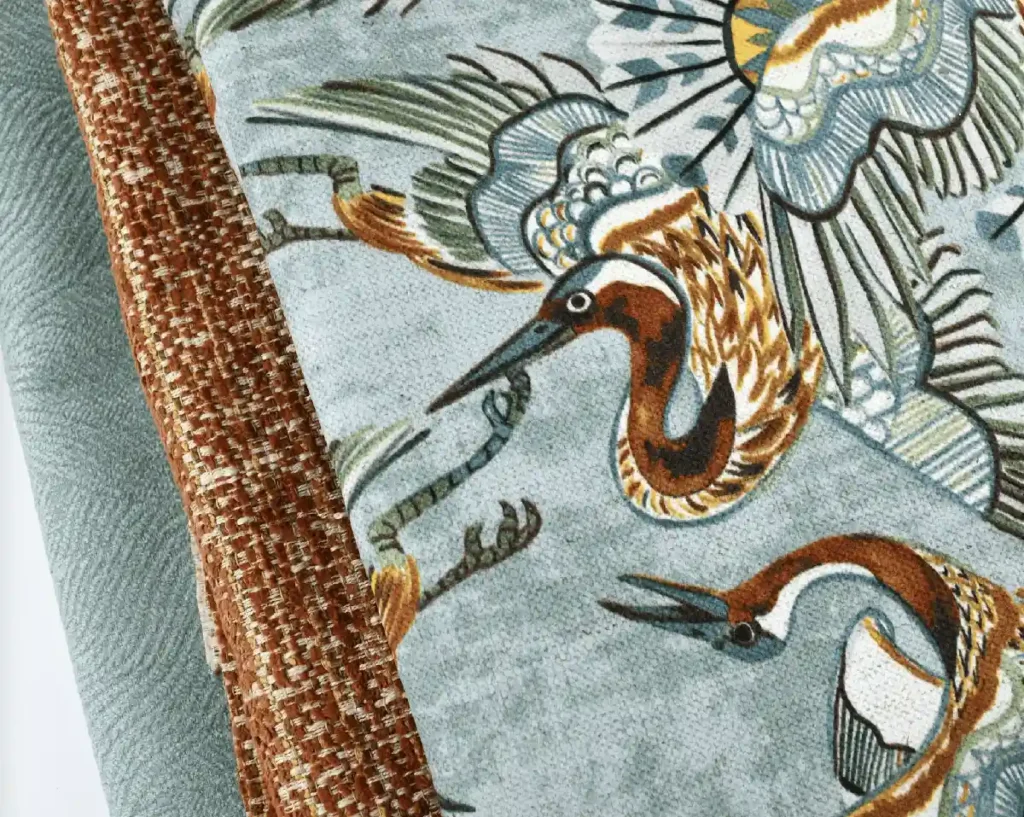 Stacy Garcia print - performance fabric with crane in dusty blue and brown colorway.