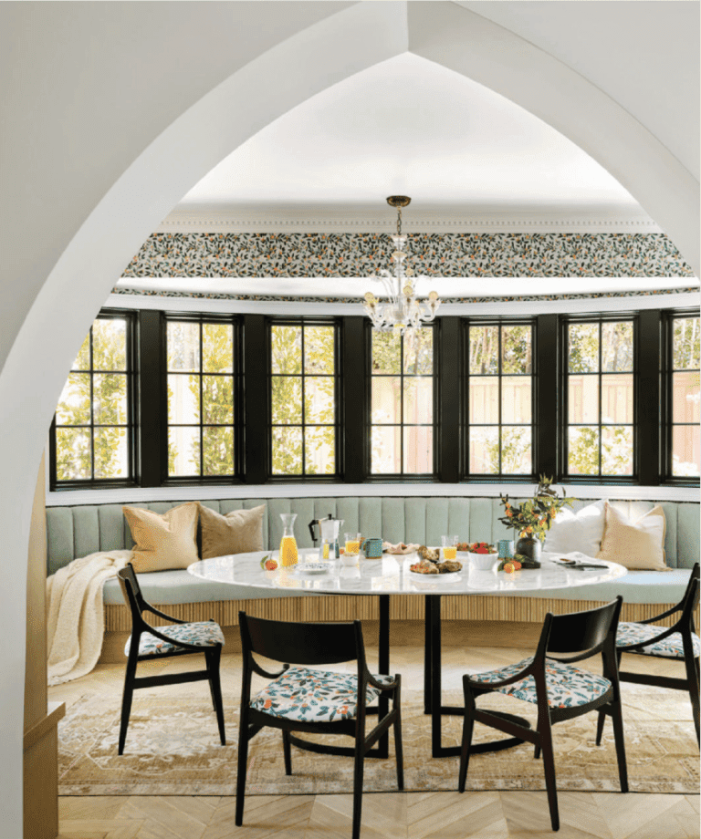 custom Banquette Crypton Mambo Mint home fabric in breakfat room design Jonathan Scott Zooey Deschanel LA