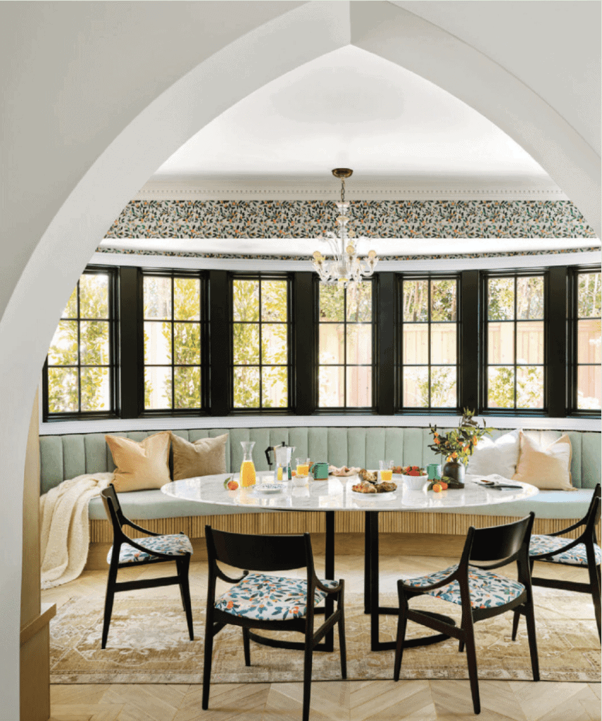 custom Banquette Crypton Mambo Mint home fabric in breakfat room design Jonathan Scott Zooey Deschanel LA