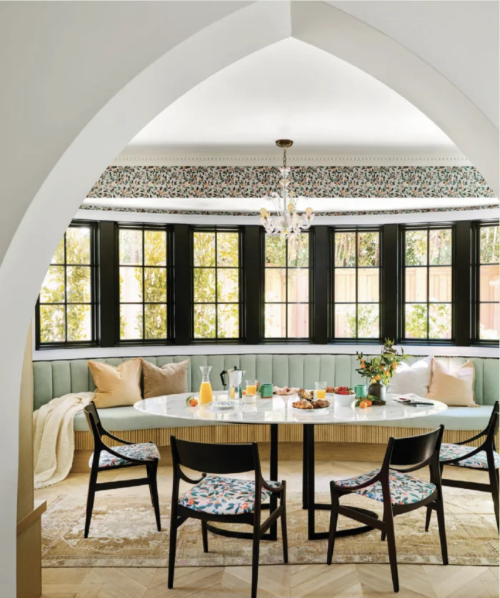 custom Banquette Crypton Mambo Mint home fabric in breakfat room design Jonathan Scott Zooey Deschanel LA
