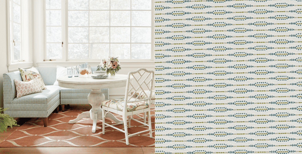 Woven pattern Faygo Rain coastal decor kitchen banquette Ballard Designs dining nook