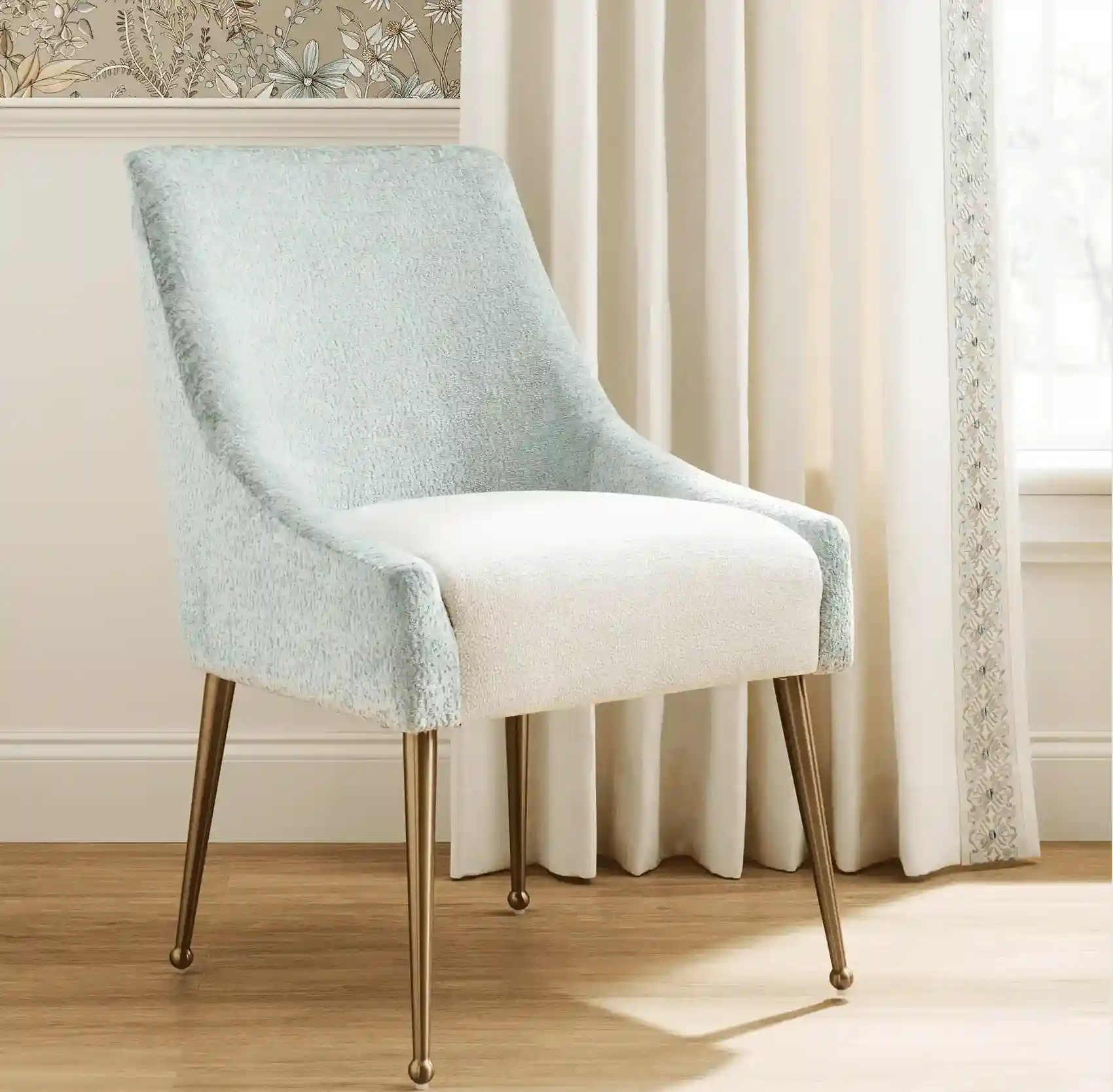 light blue and white upholstered chair