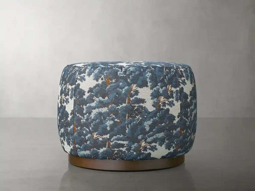 Floral pattern ottoman in blue upholstery fabric