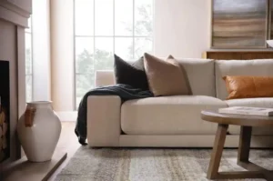 Living Spaces Furniture white sofa upholstered in performance fabric