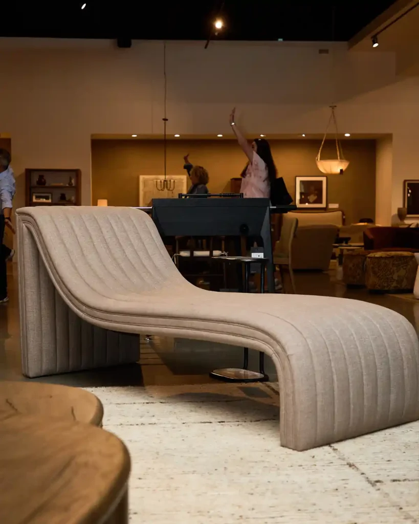 New at Four Hands Furniture, a modern chaise lounge upholstered in our stain-resistant fabric debuts at High Point Market.