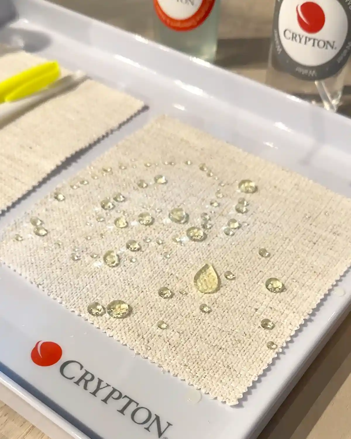Closeup view of a demonstration on how to clean our upholstery fabric