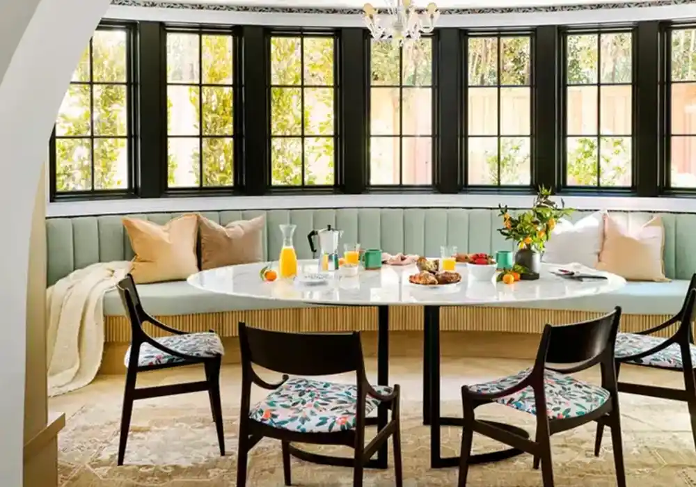banquette seating in a kitchen with stain resistant upholstery fabric