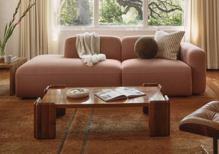 New performance sofa available at Floyd Home - shown here in pink upholstery fabric.