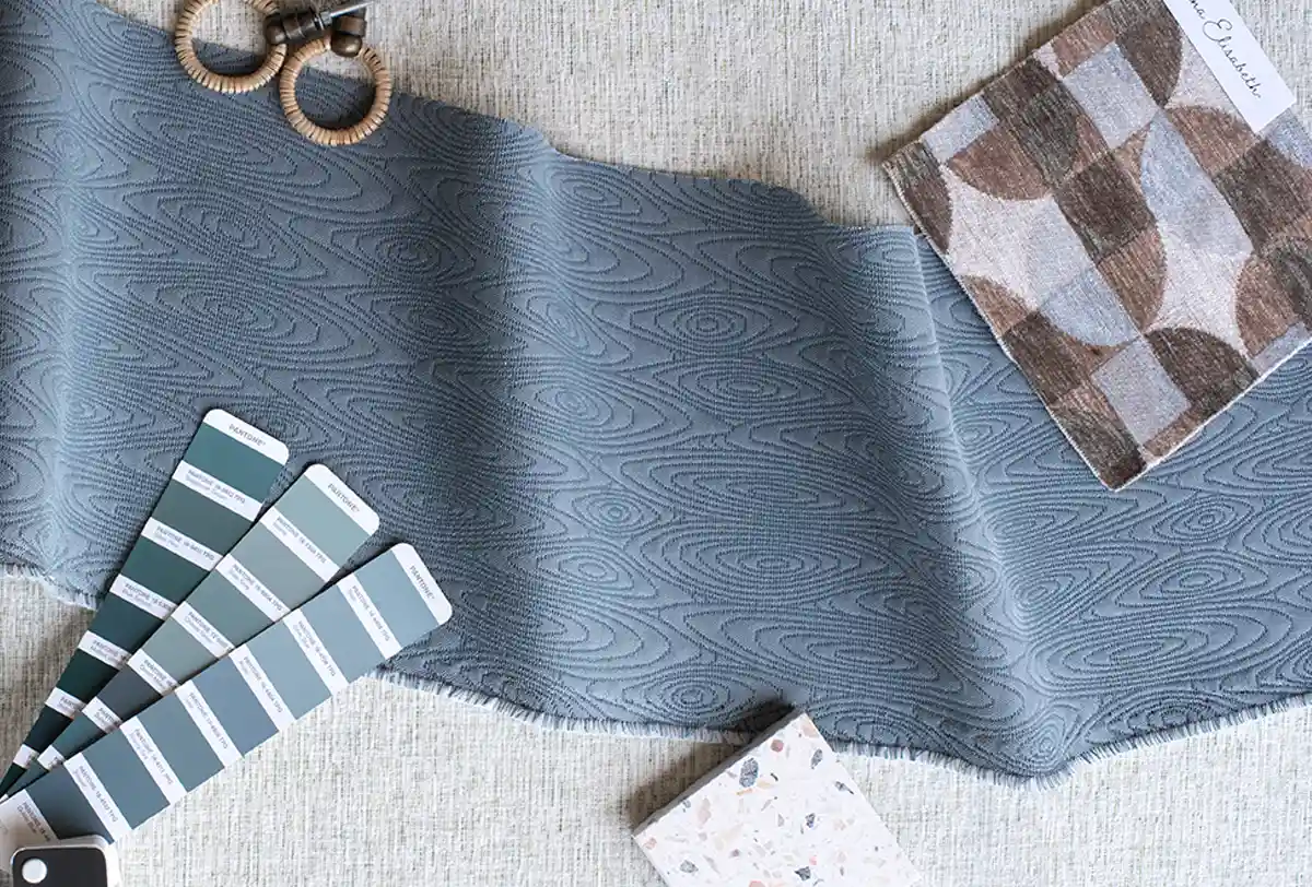 blue commercial fabrics in different shades and textures