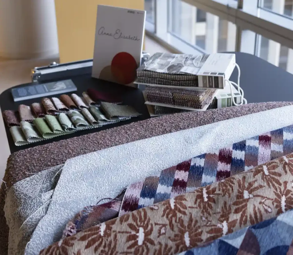 Anna Elisabeth displays swatches of Crypton performance fabric