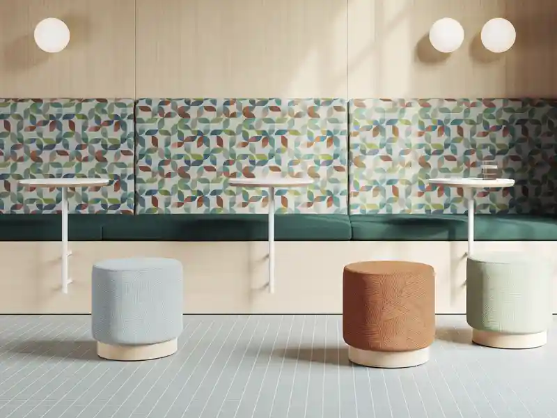 New fabrics at Designtex with biophilia design shown in hospitality space