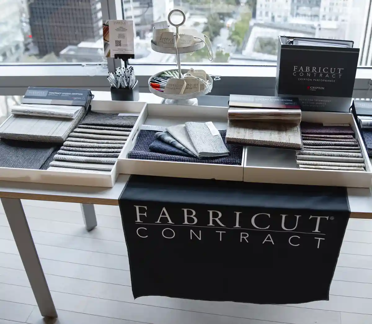Fabricut Contract displays swatches of Crypton performance fabric