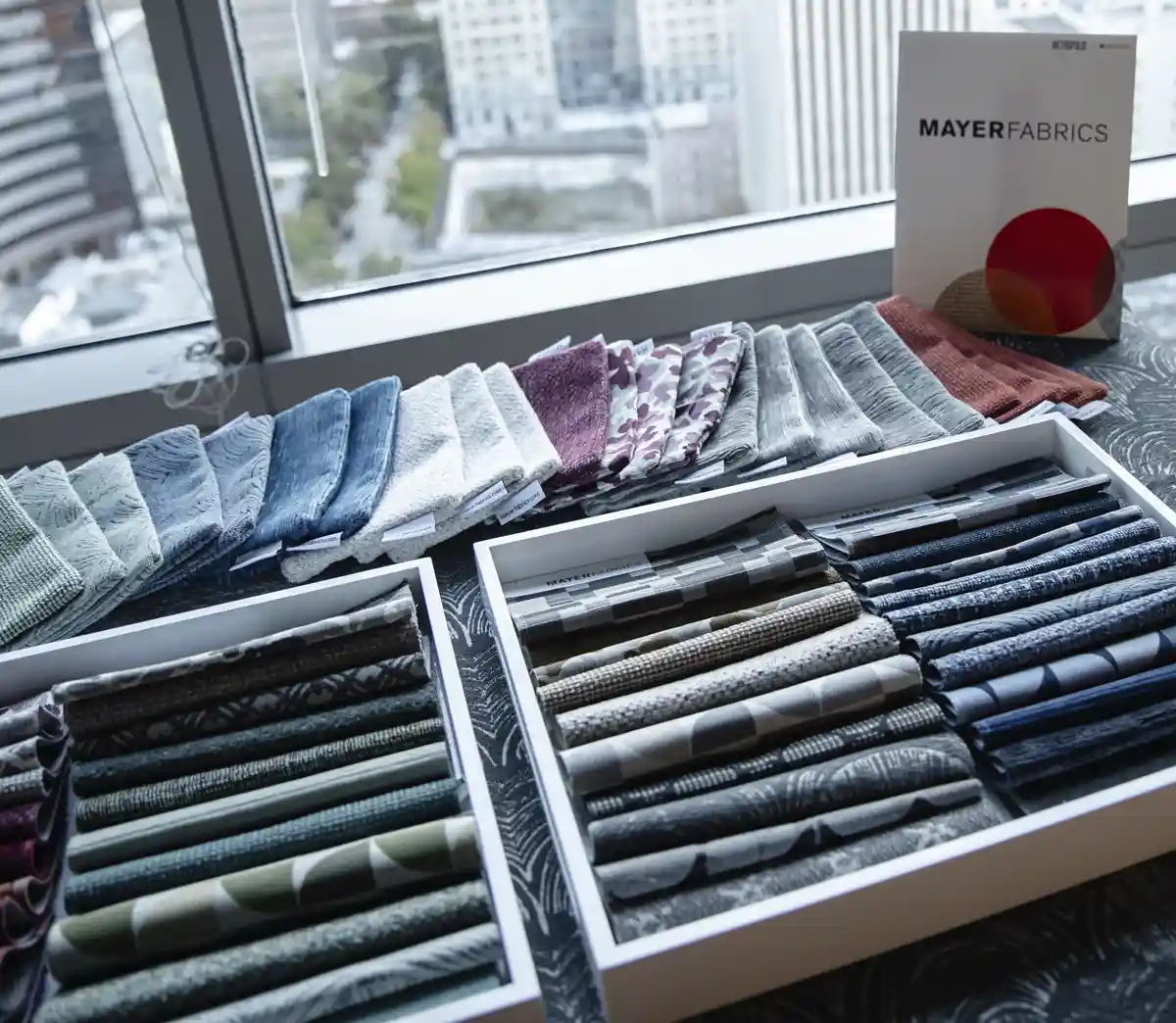 Mayer Fabrics displays swatches of Crypton performance fabric