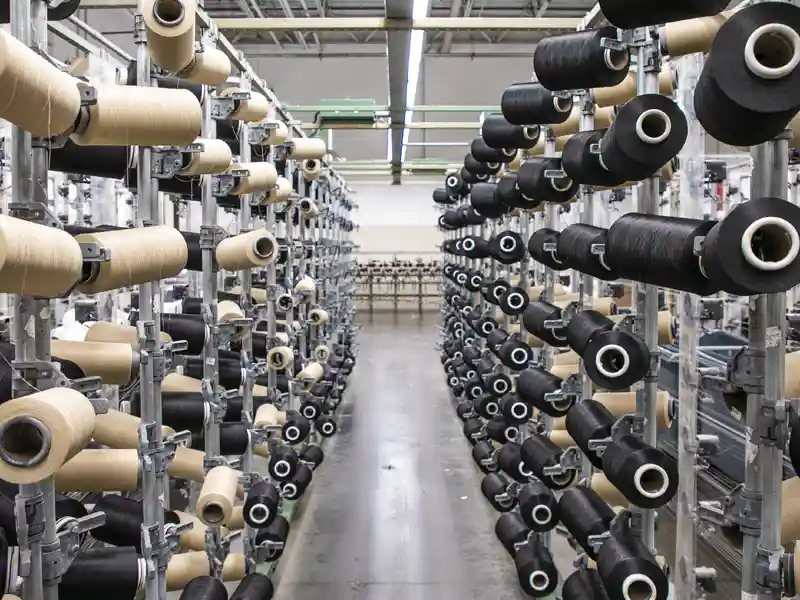 inside textile mill spools of yarn spilling to manufacture upholstery fabric