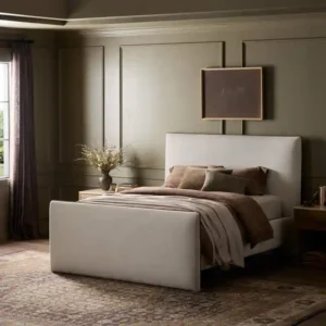 Four Hands bed frame with white headboard upholstered in performance fabric