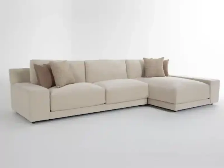 Living Spaces affordable sofa upholstered in beige Crypton performance fabric