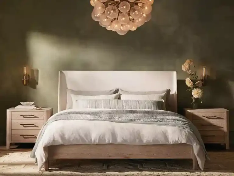 Arhaus new arrival. Calista bed frame in sand finish with Georges Snow performance fabric by Crypton