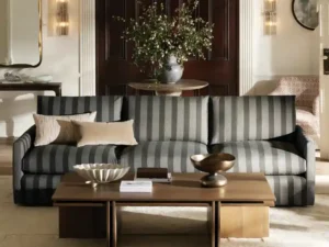 New arrivals at Arhaus like this striped sofa upholstered in performance fabric by Crypton