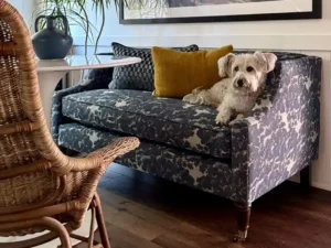 Tapestry fabric in blue upholstered on couch dog-friendly