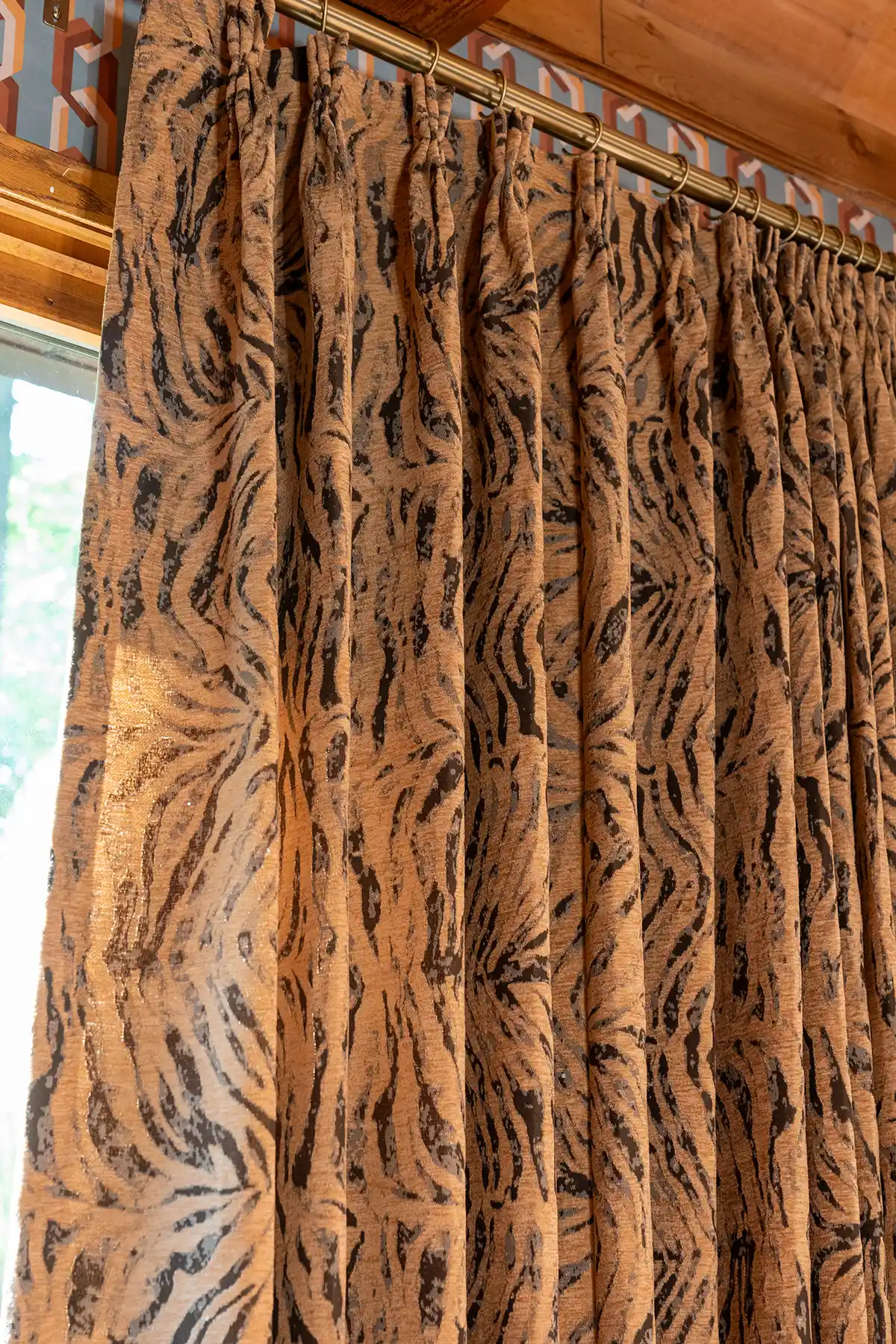 Close up of animal print curtains in living room