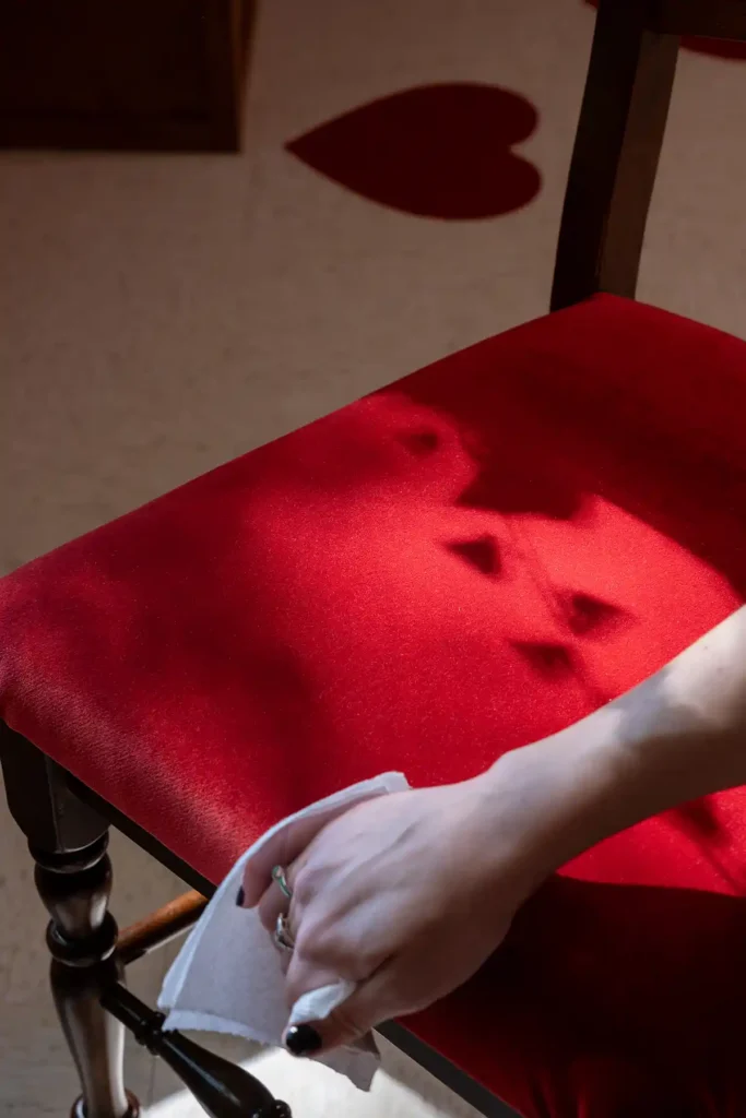 cleaning liquid spill on red performance velvet seat cushions