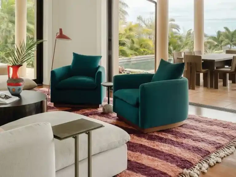 Living room design featuring green performance velvet in Hawaii home.