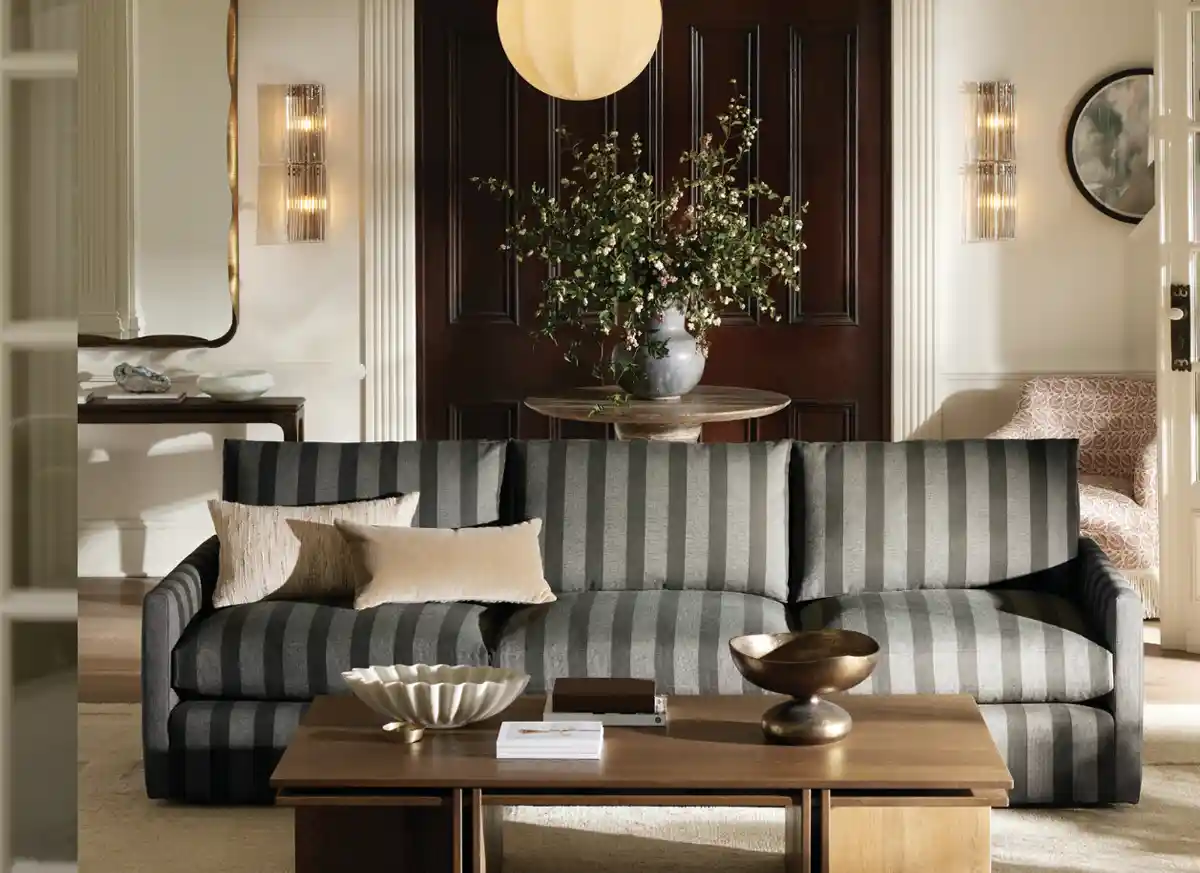 bold striped sofa upholstered in performance fabric