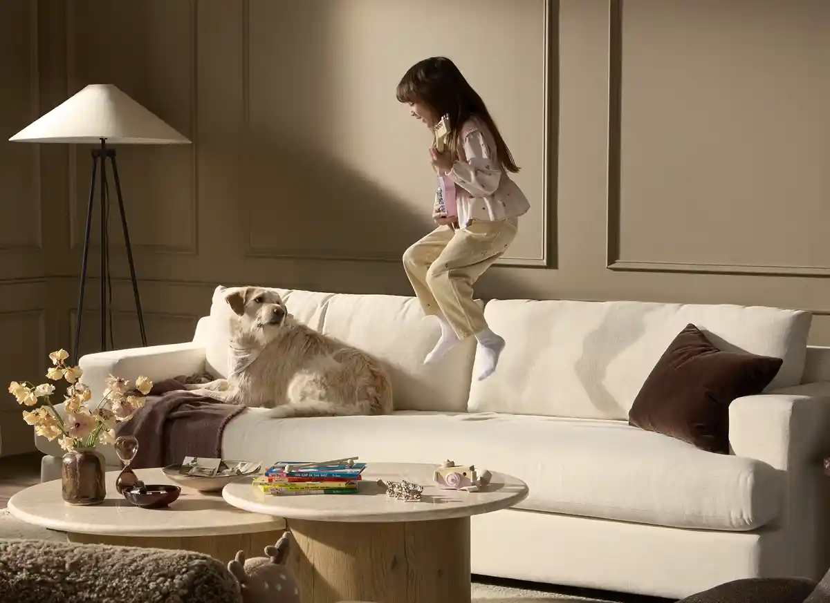 kid friendly, pet friendly white sofa upholstered in Crypton performance fabric
