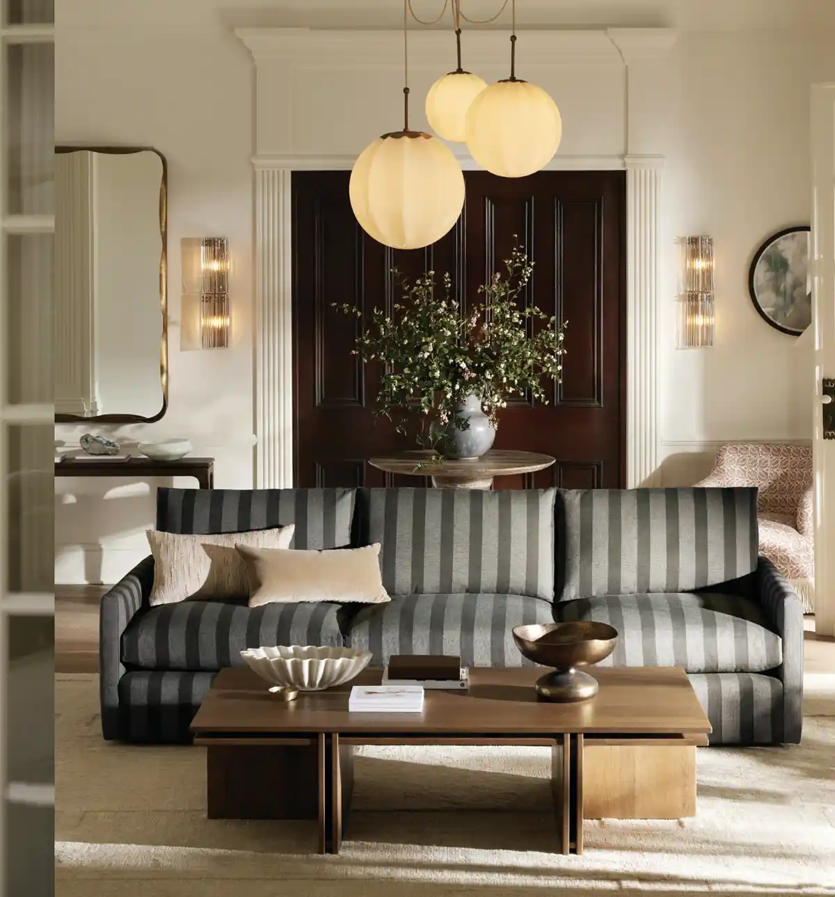 striped sofa upholstered in performance fabric by Crypton