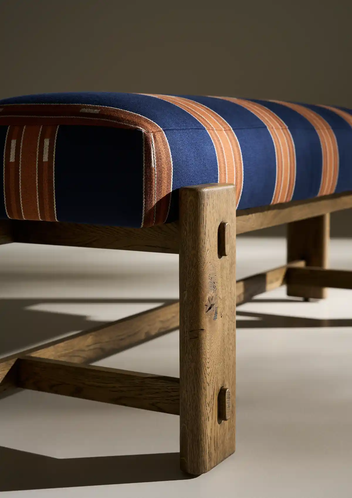 striped upholstered bench from Rowe Furniture heritage pattern textile
