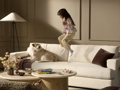 kid friendly, pet friendly white sofa upholstered in Crypton performance fabric